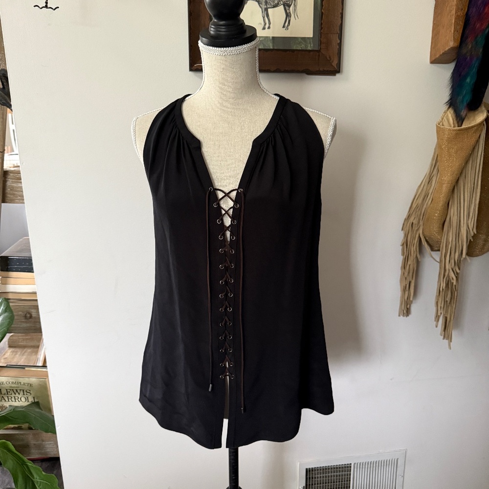 RAMY BROOK Silk Black & Brown Lace Up Top M